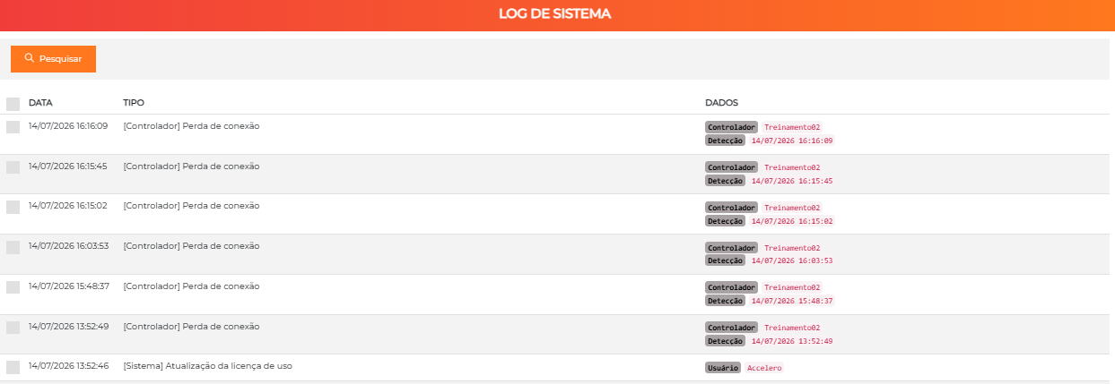Tela Log de sistema com eventos técnicos como perda de conexão de controlador e atualização de licença