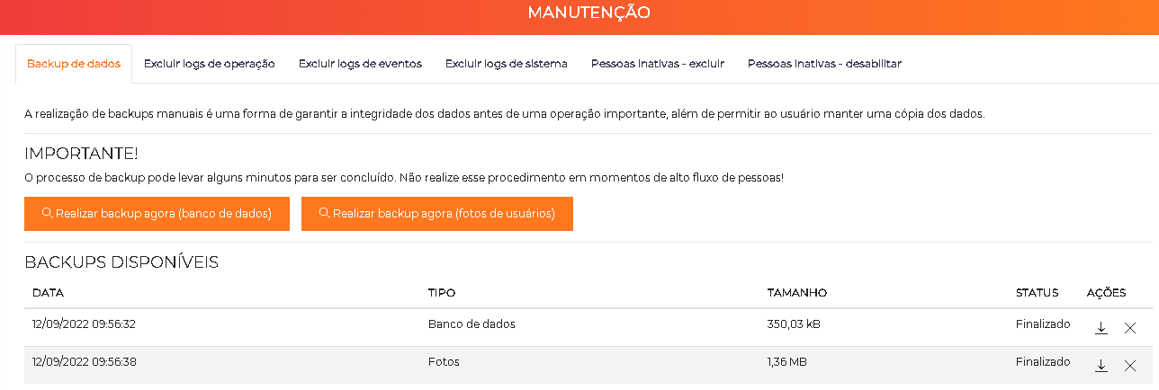 Tela de backup de dados