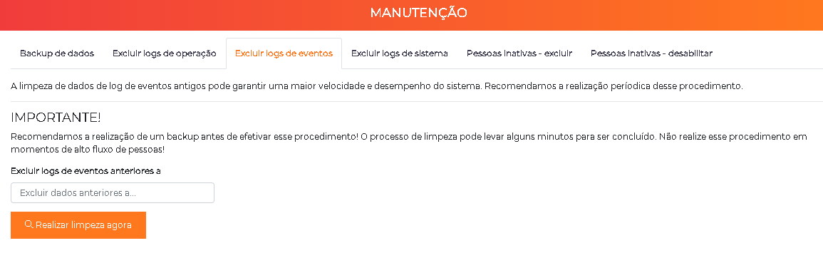 Exclusão de logs de eventos