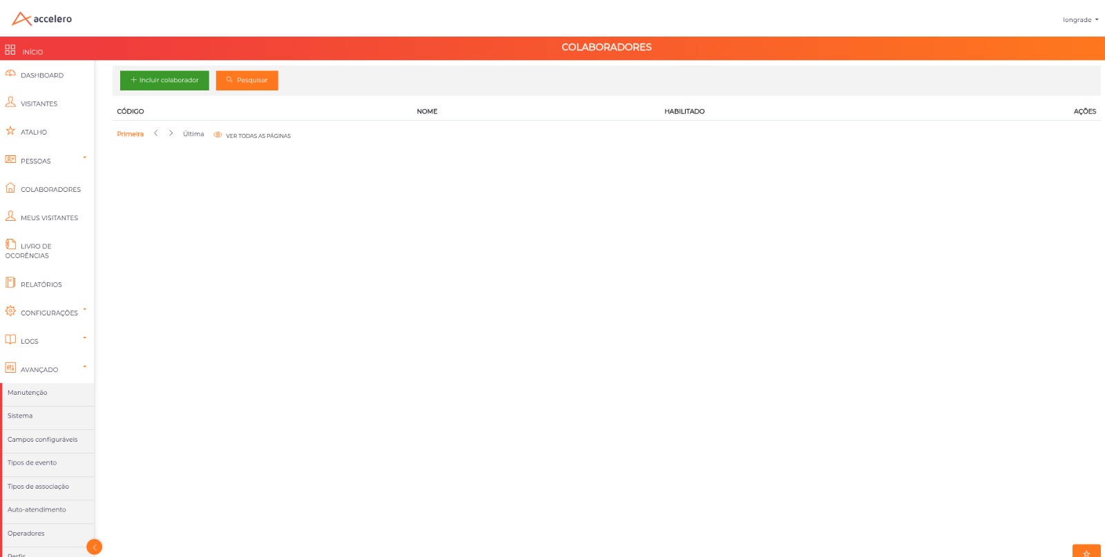 Tela Colaboradores, com os itens Colaboradores e Meus visitantes no menu lateral