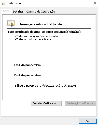 Diálogo Certificado do Windows com botão Instalar Certificado