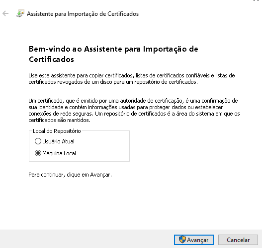 Assistente de importação de certificado — passo 1