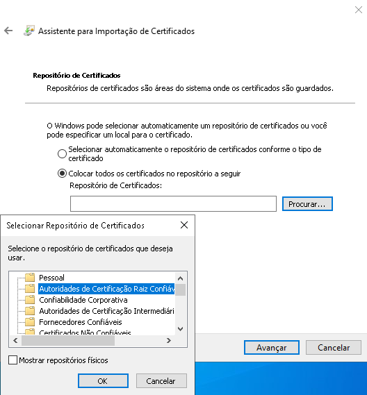 Assistente de importação de certificado — passo 2
