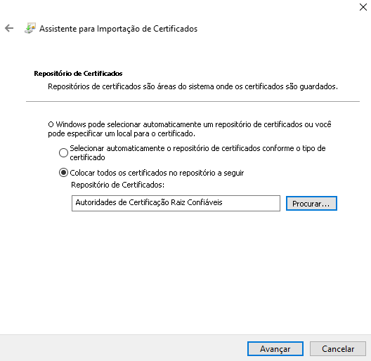 Assistente de importação de certificado — passo 3