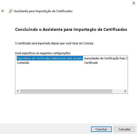 Assistente de importação de certificado — passo 4