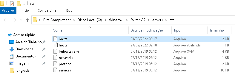 Arquivo hosts na pasta etc do Windows
