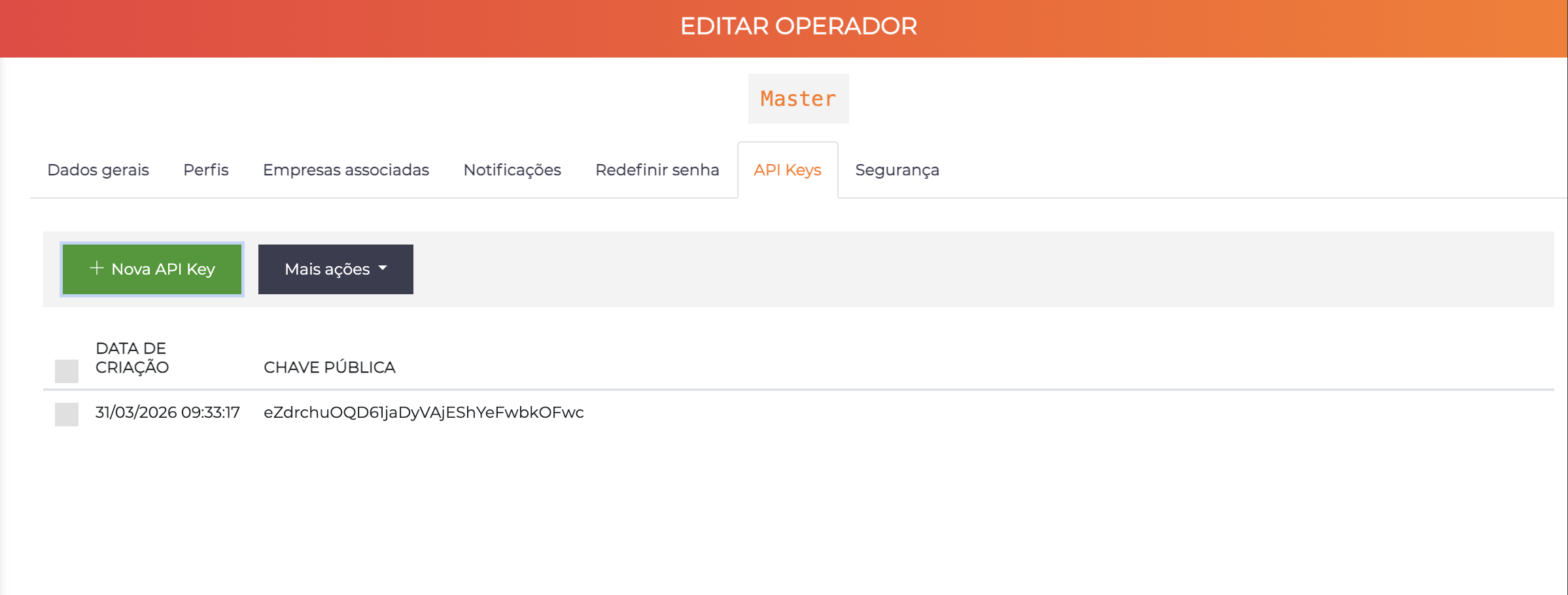 Edição de operador - aba API Keys