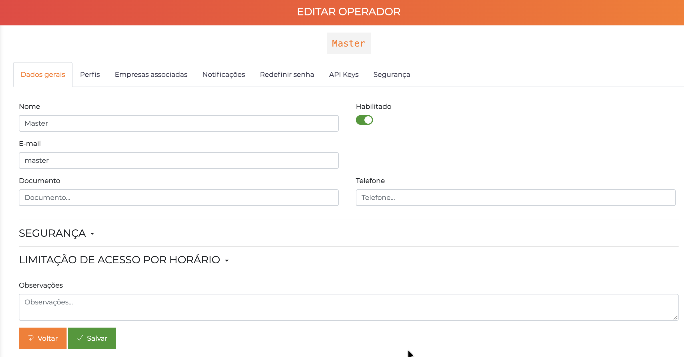 Edição de operador - aba Dados Gerais