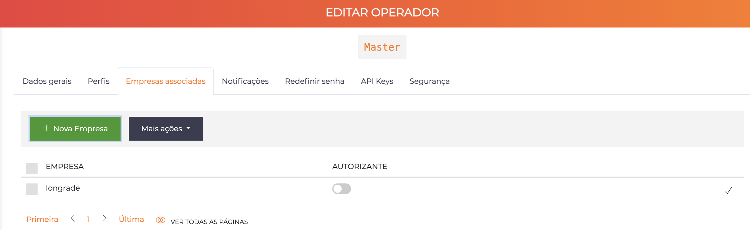 Edição de operador - aba Empresas Associadas