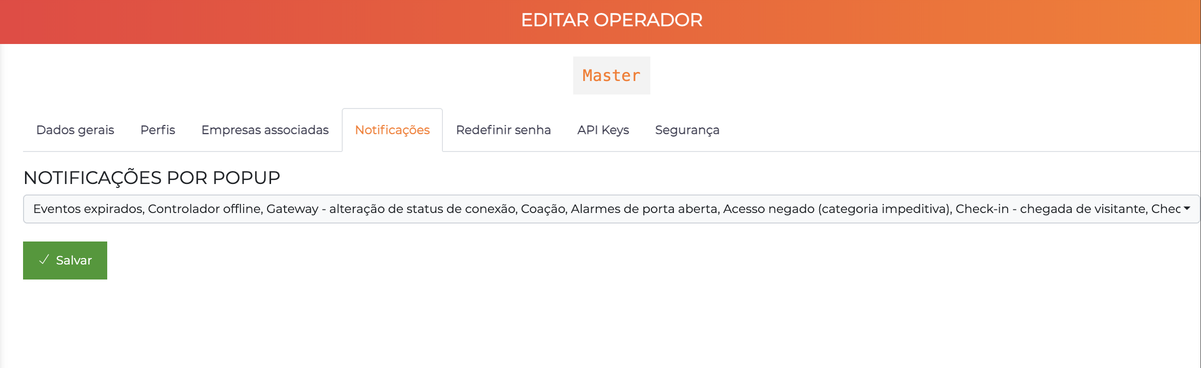 Edição de operador - aba Notificações