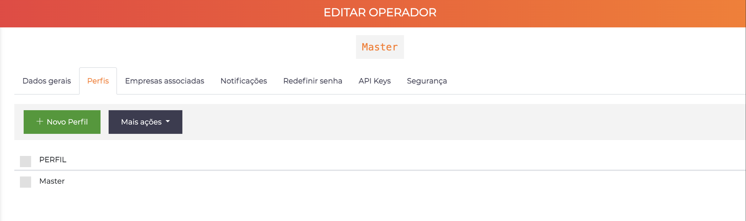 Edição de operador - aba Perfis