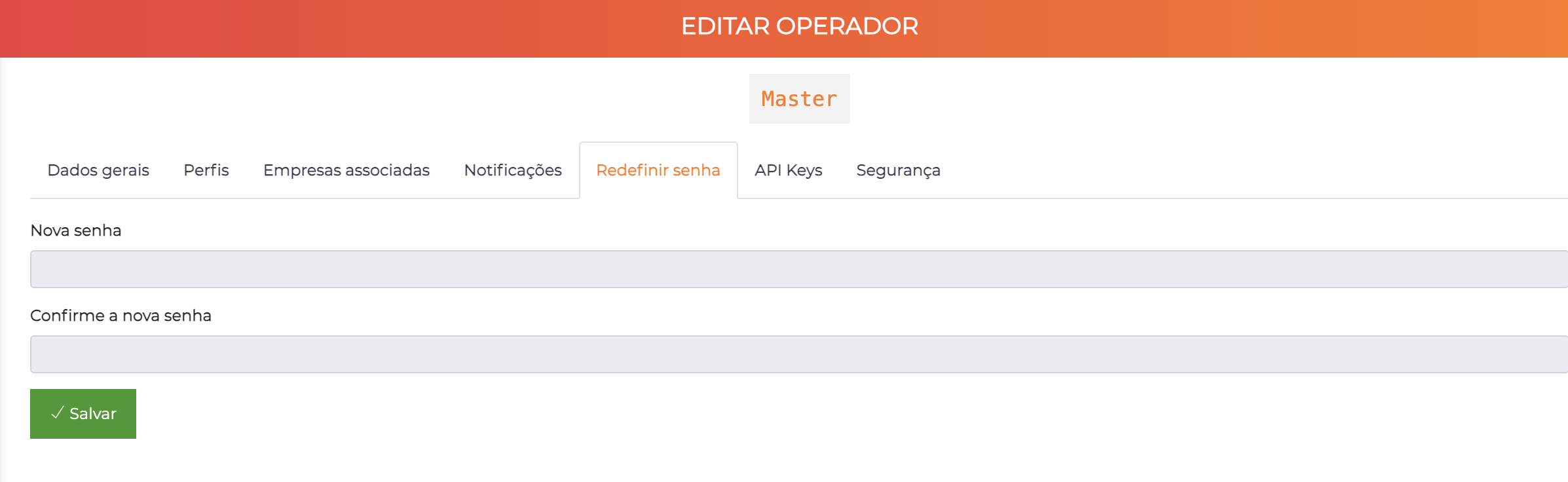 Edição de operador - aba Redefinir Senha