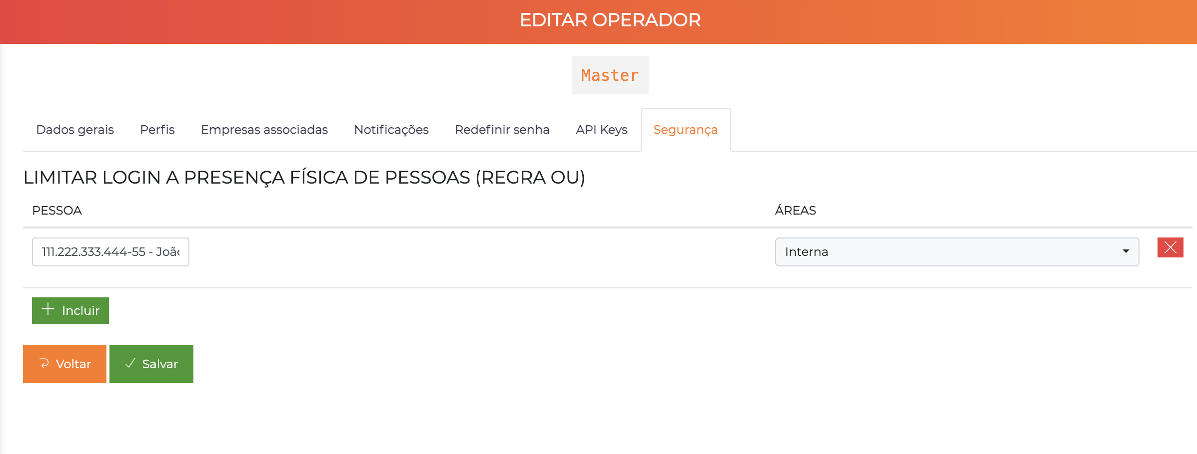 Edição de operador - aba Segurança