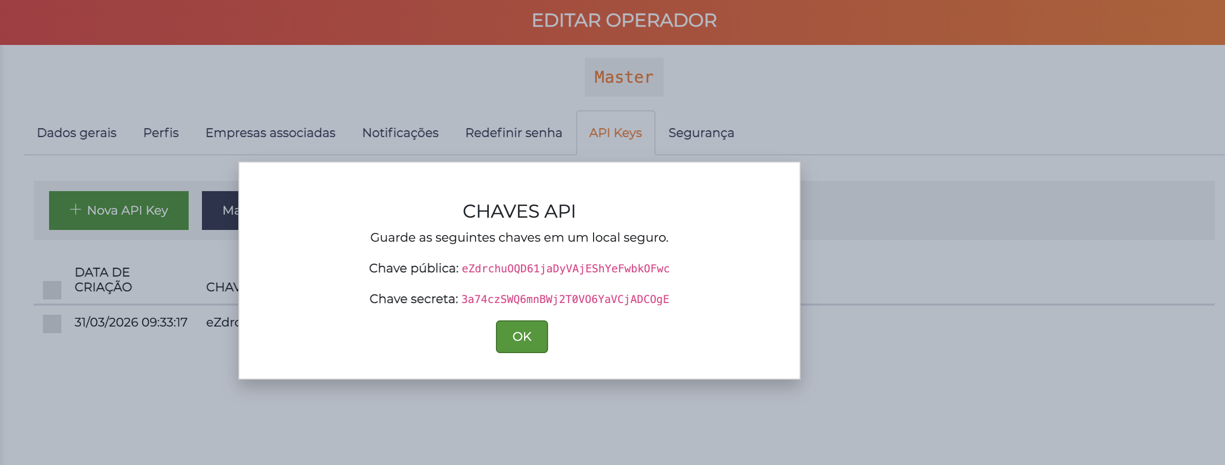 Modal com chaves API geradas