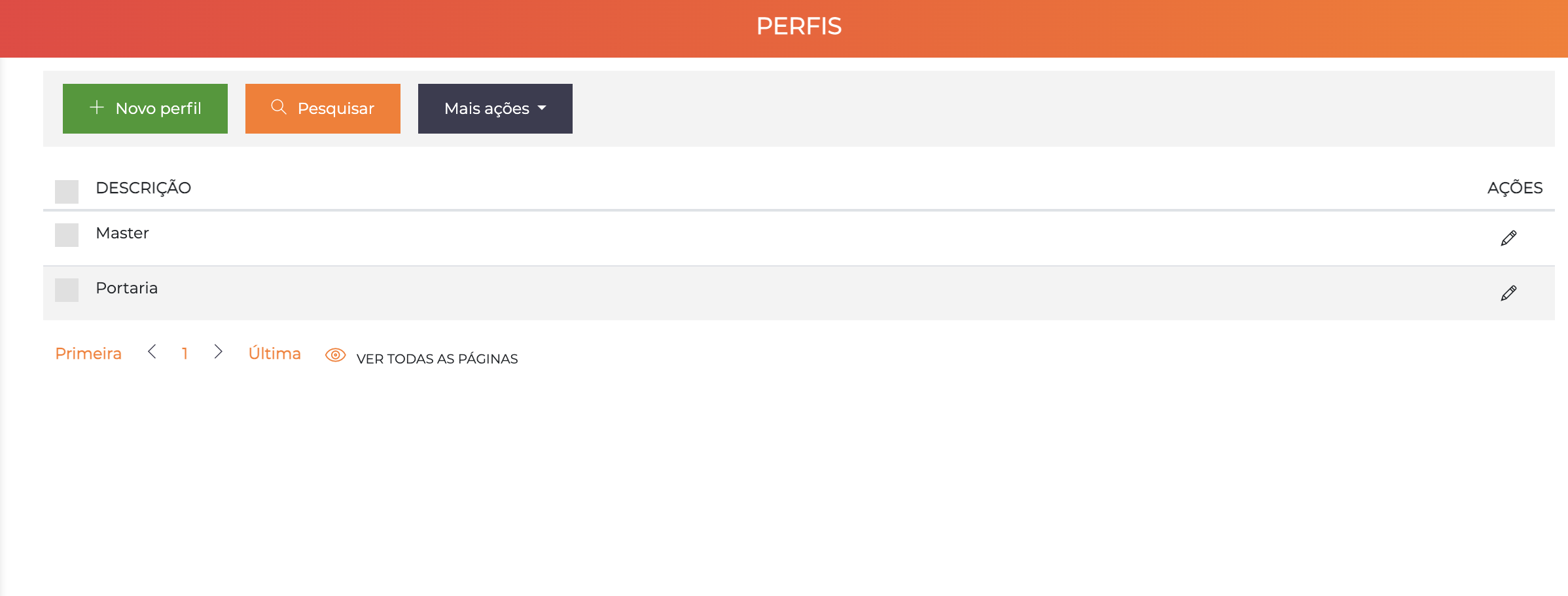 Tela de listagem de perfis