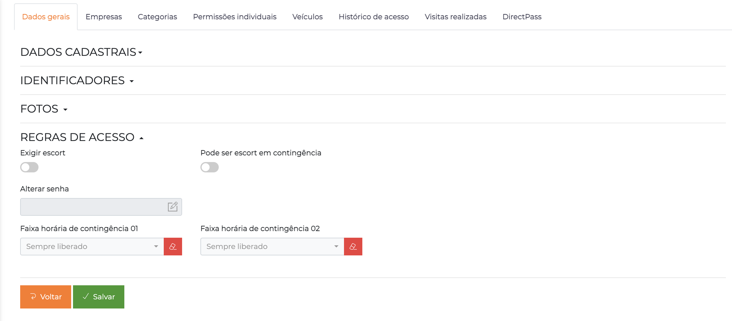Seção Regras de Acesso expandida - aba Dados Gerais