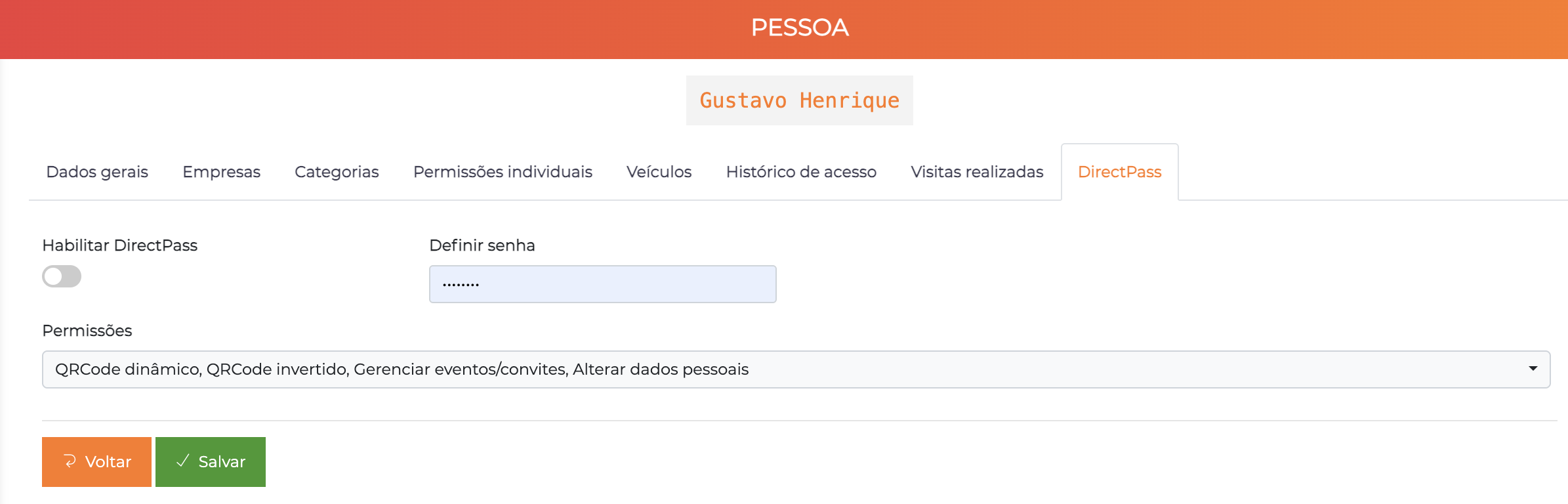 Aba DirectPass na pessoa
