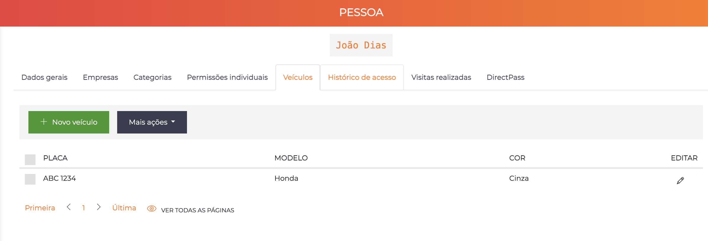 Edição de pessoa - aba Veículos