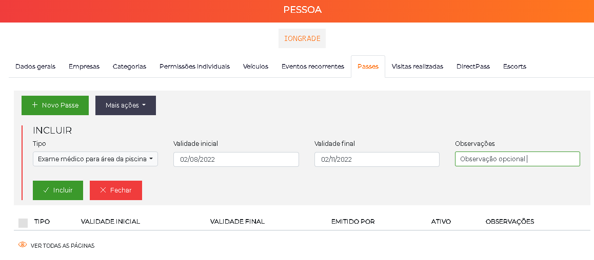 Atribuição de passe ao usuário