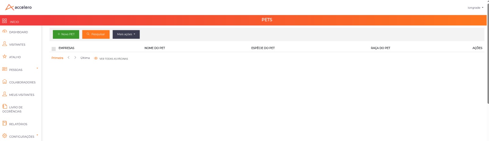 Tela de listagem PETS com o botão Novo PET, o menu Mais ações e as colunas Empresas, Nome do PET, Espécie do PET, Raça do PET e Ações