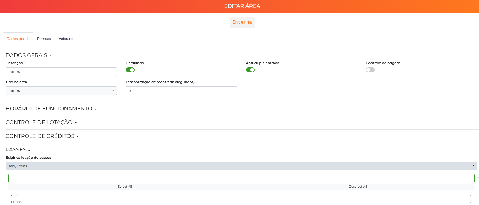 Configuração de área com a seção Passes e os passes exigidos
