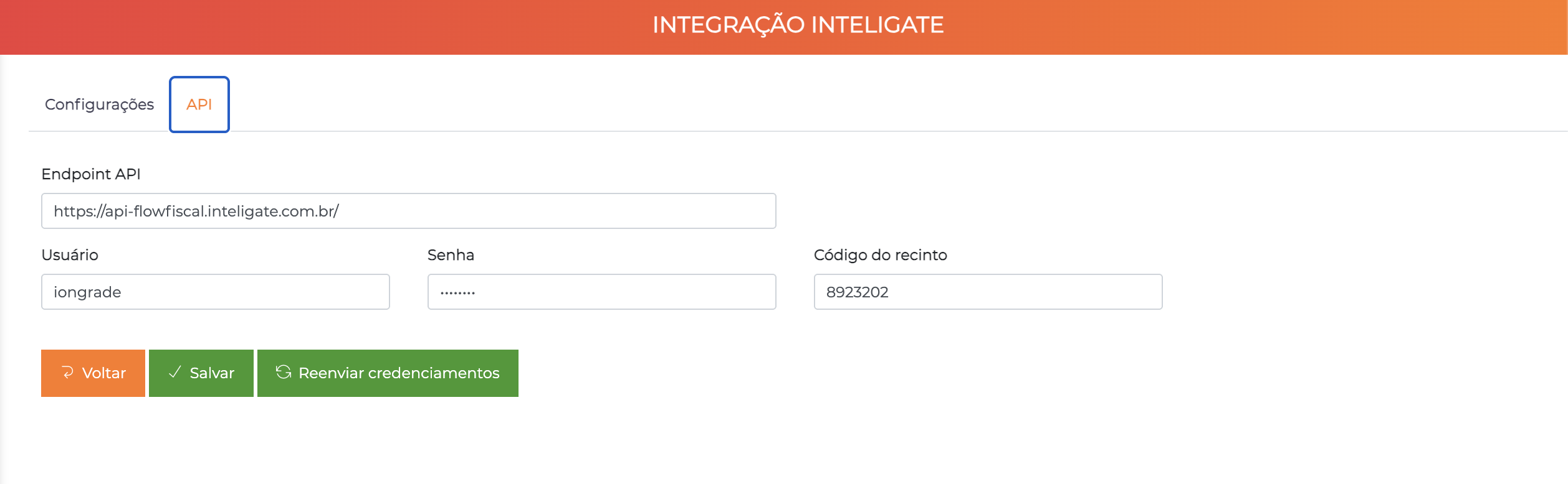 Aba API da integração Inteligate