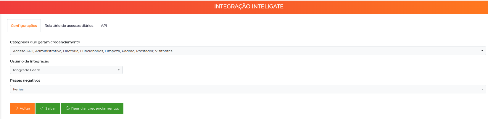 Aba Configurações da integração Inteligate