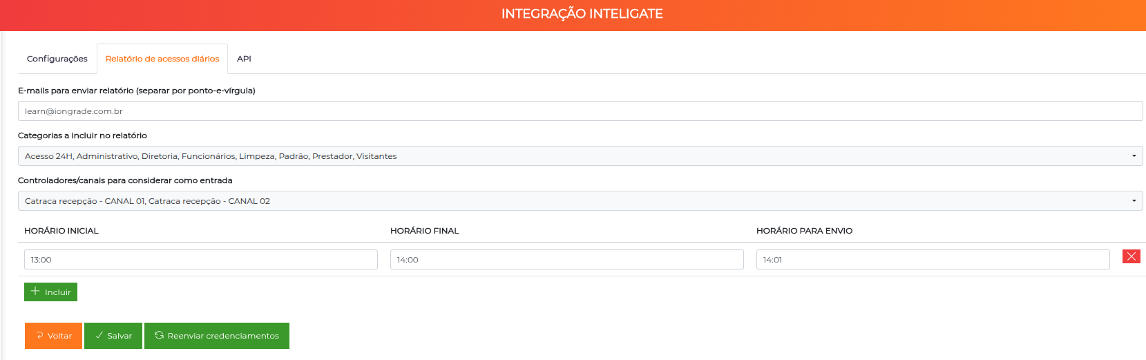 Aba Relatório de acessos diários da configuração Inteligate