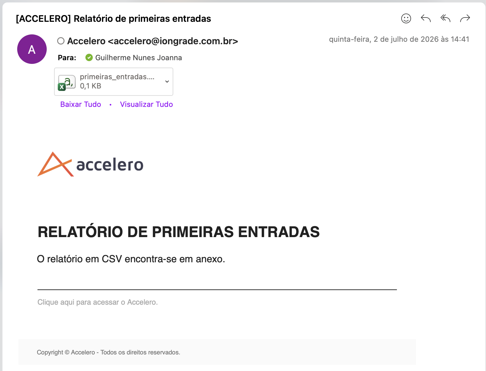 E-mail do Relatório de primeiras entradas com o arquivo primeiras_entradas.csv em anexo