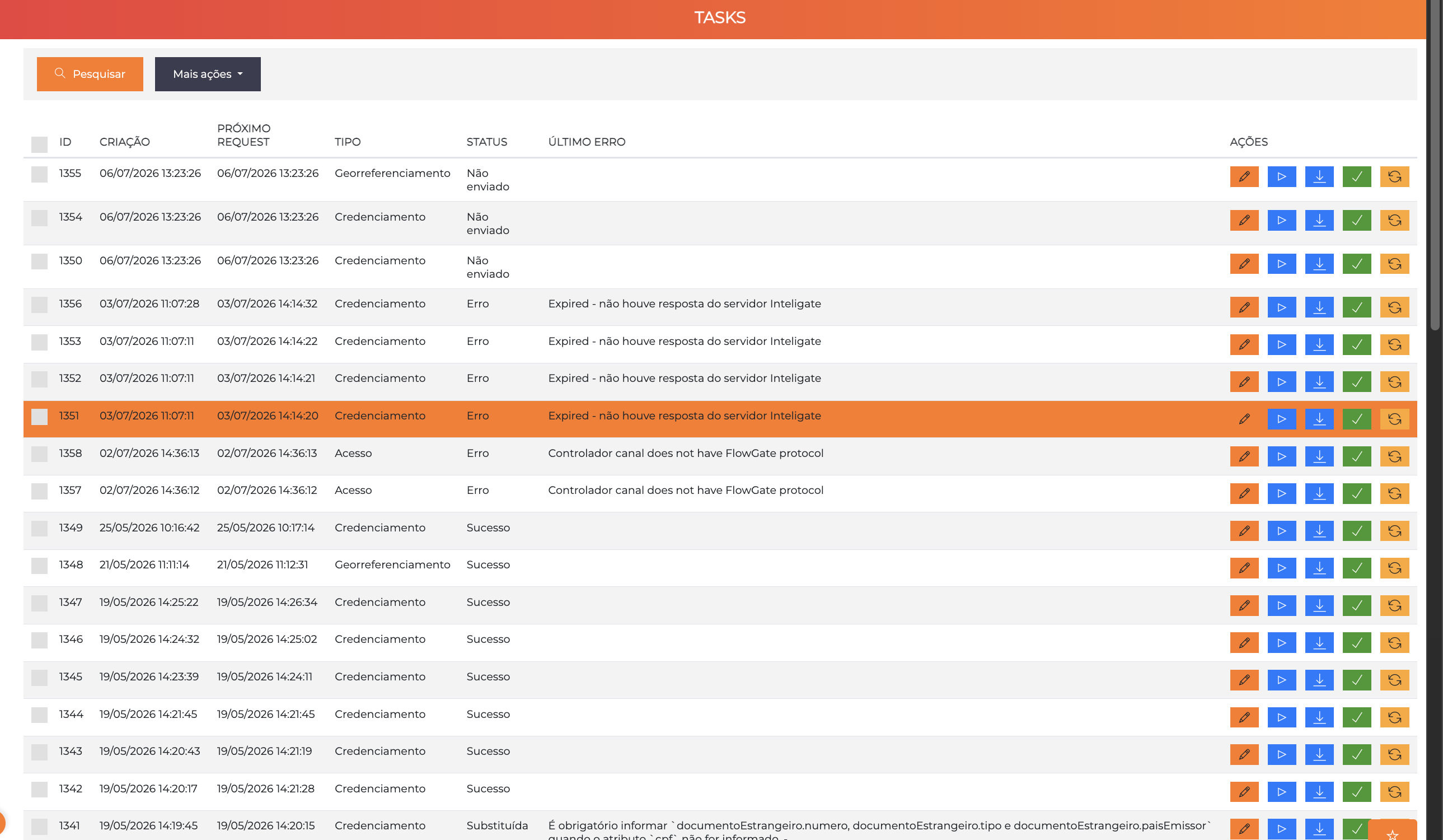 Tela de listagem de tarefas (Tasks) da integração Inteligate