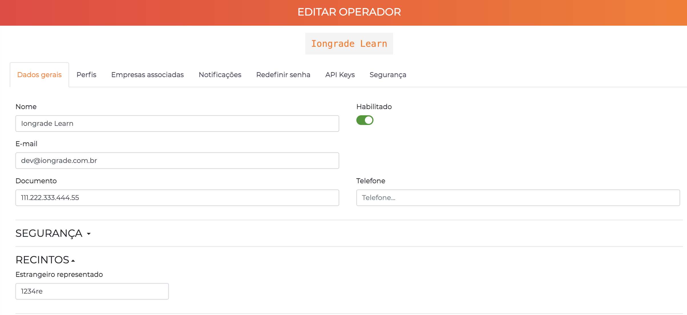 Seção Recintos na edição de operador