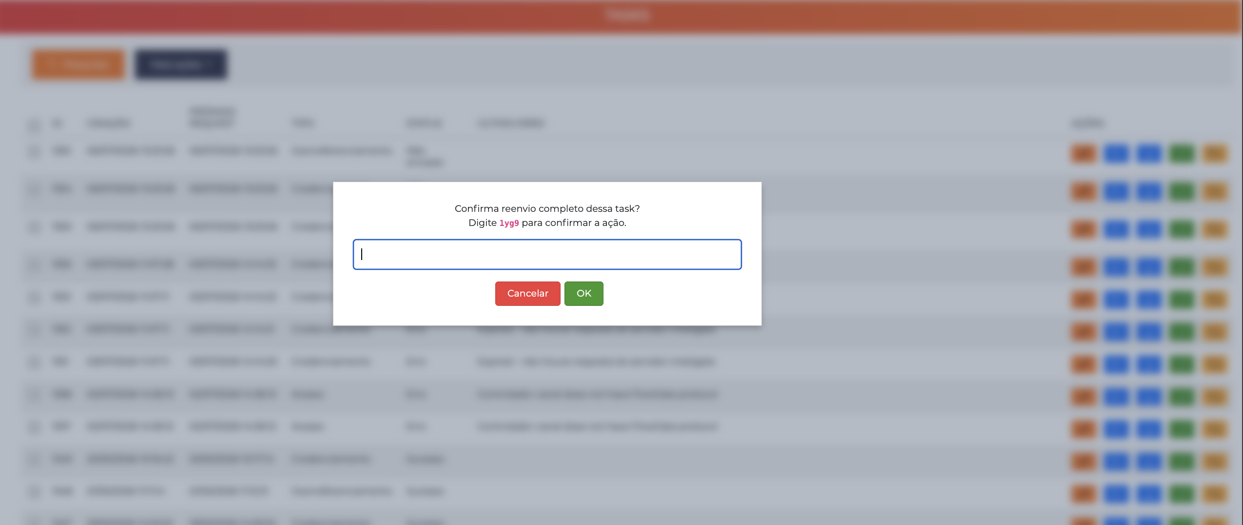 Confirmação de reenvio de uma task, exigindo digitar o código para prosseguir