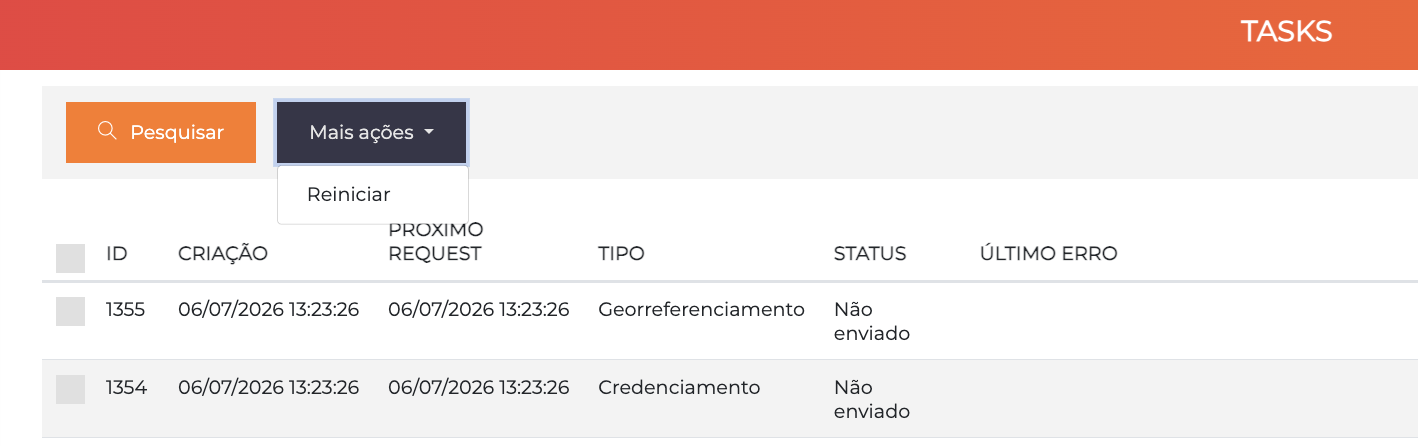 Menu Mais ações com a opção Reiniciar para reinício em lote