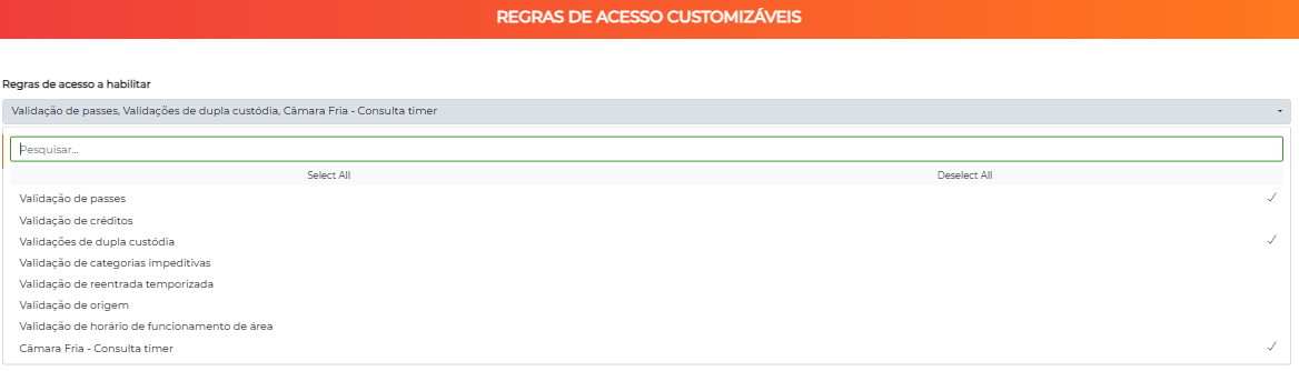 Tela Regras de acesso customizáveis com a opção Câmara Fria - Consulta timer marcada