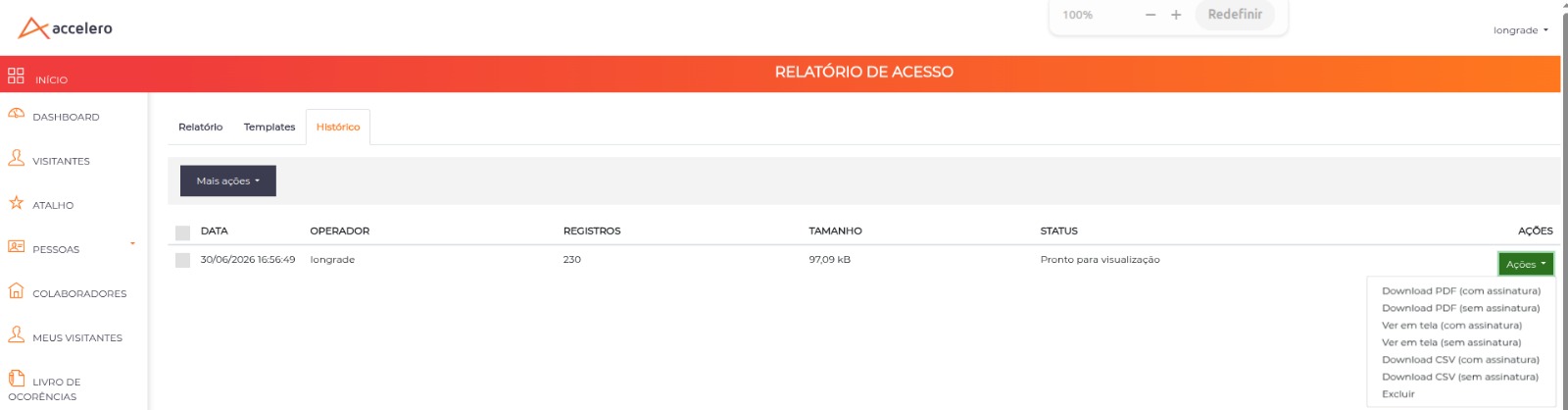 Menu Ações da lista de relatórios, com as opções de download em PDF e CSV e de visualização em tela