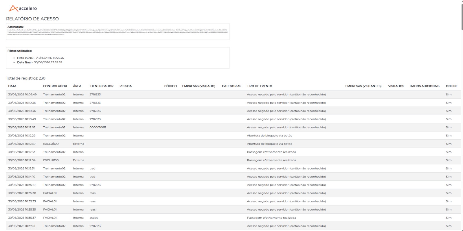 Exemplo de relatório exportado, com cabeçalho, bloco de assinatura, filtros utilizados, total de registros e a tabela de dados