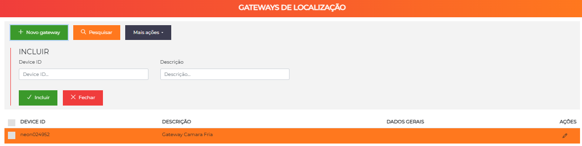 Listagem e cadastro de gateways do Synapsis