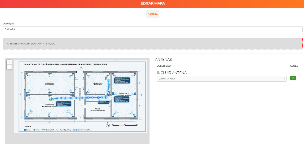 Tela Editar mapa com a planta baixa carregada e o painel de inclusão de antenas