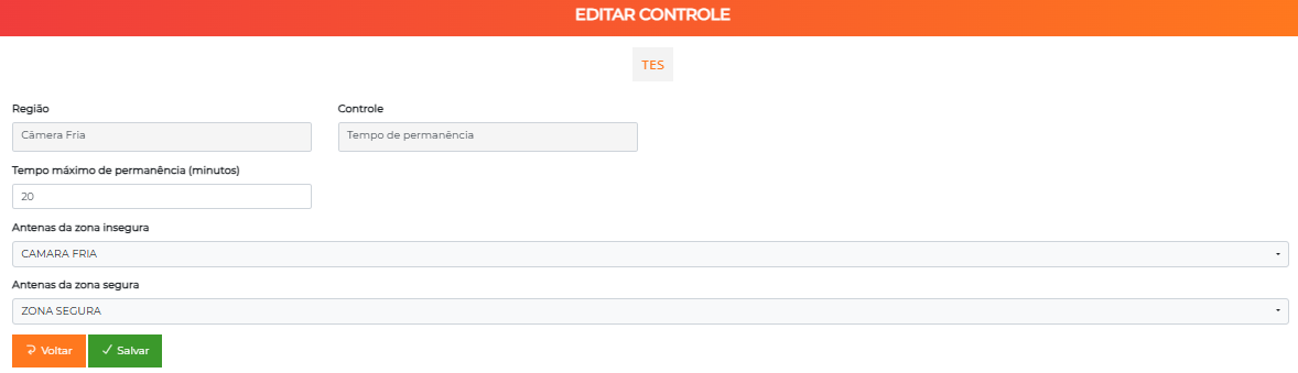 Formulário Editar controle do Tempo de permanência, com o tempo máximo e as antenas das zonas insegura e segura
