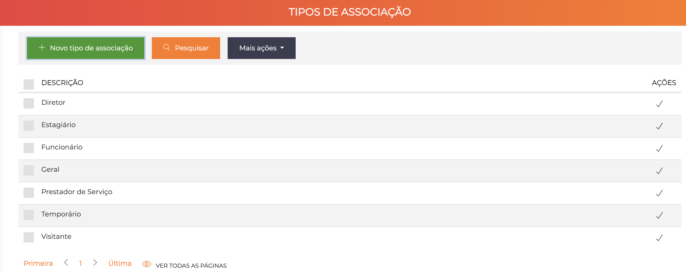 Tela de listagem de tipos de associação