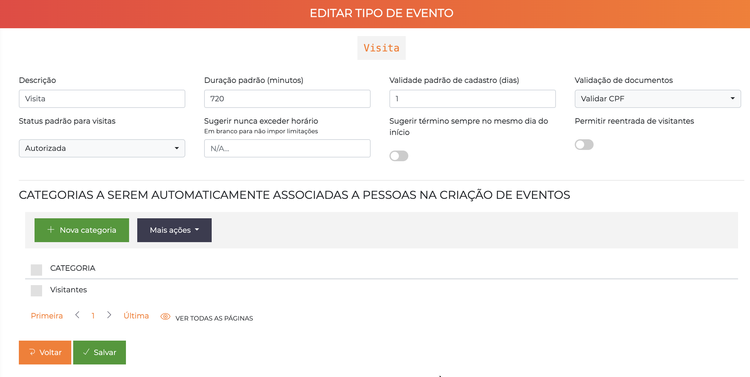 Formulário de edição de tipo de evento