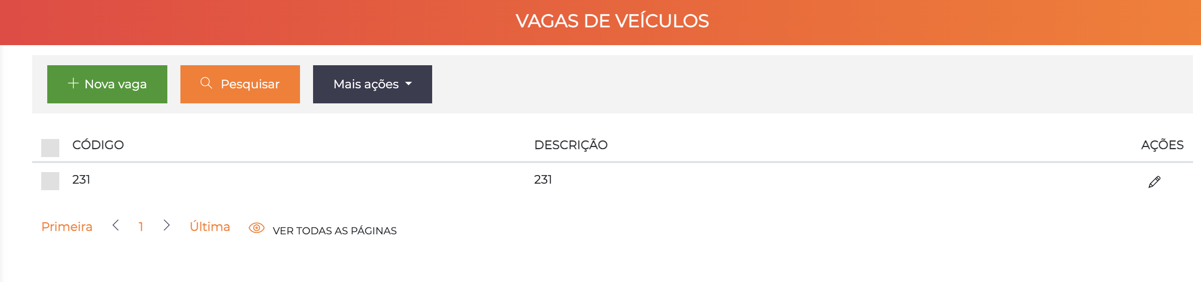 Tela de listagem de vagas de veículos