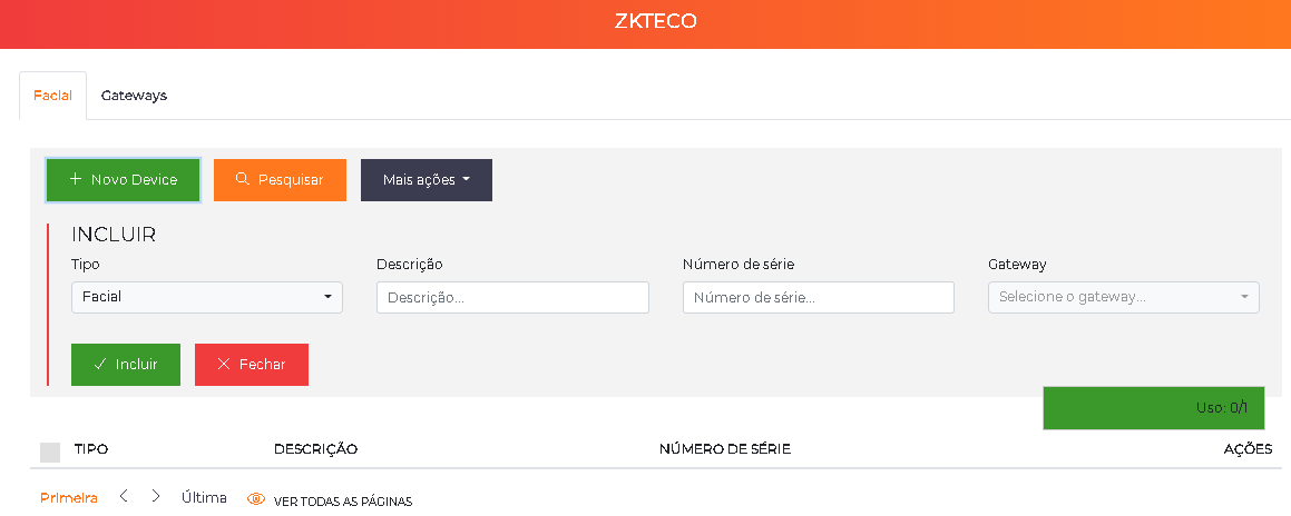Inclusão de dispositivo facial ZKTeco