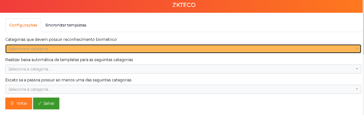 Parametrização de categorias da integração ZKTeco