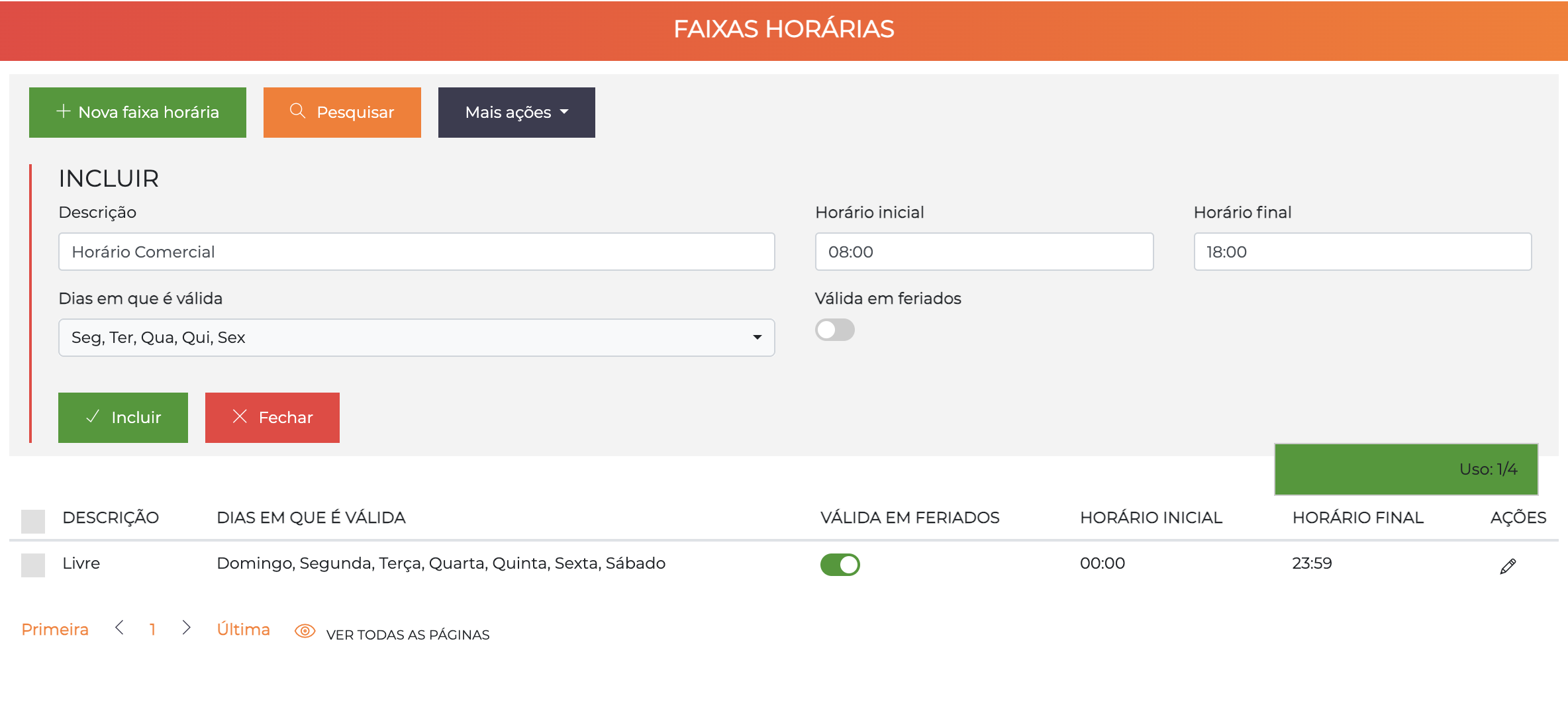 Tela de criar faixa horária