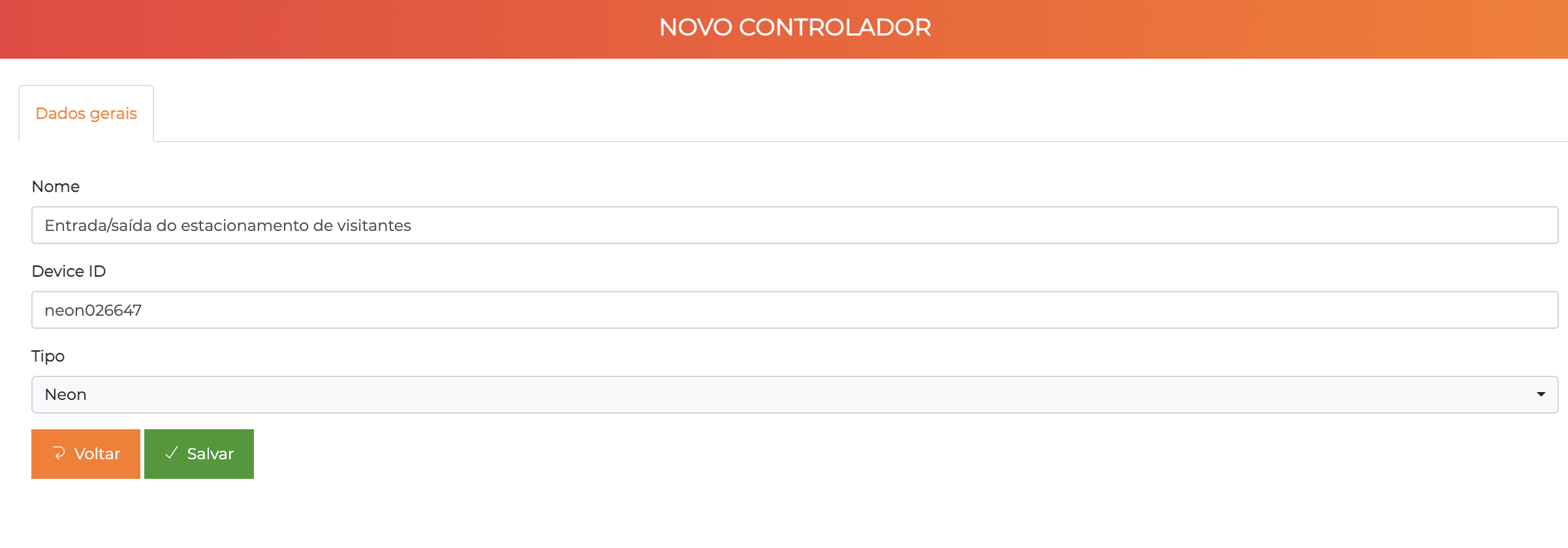 Tela de criar controladora