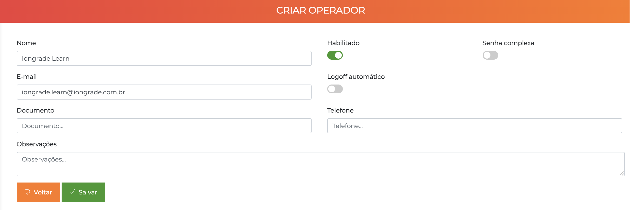 Criar operador