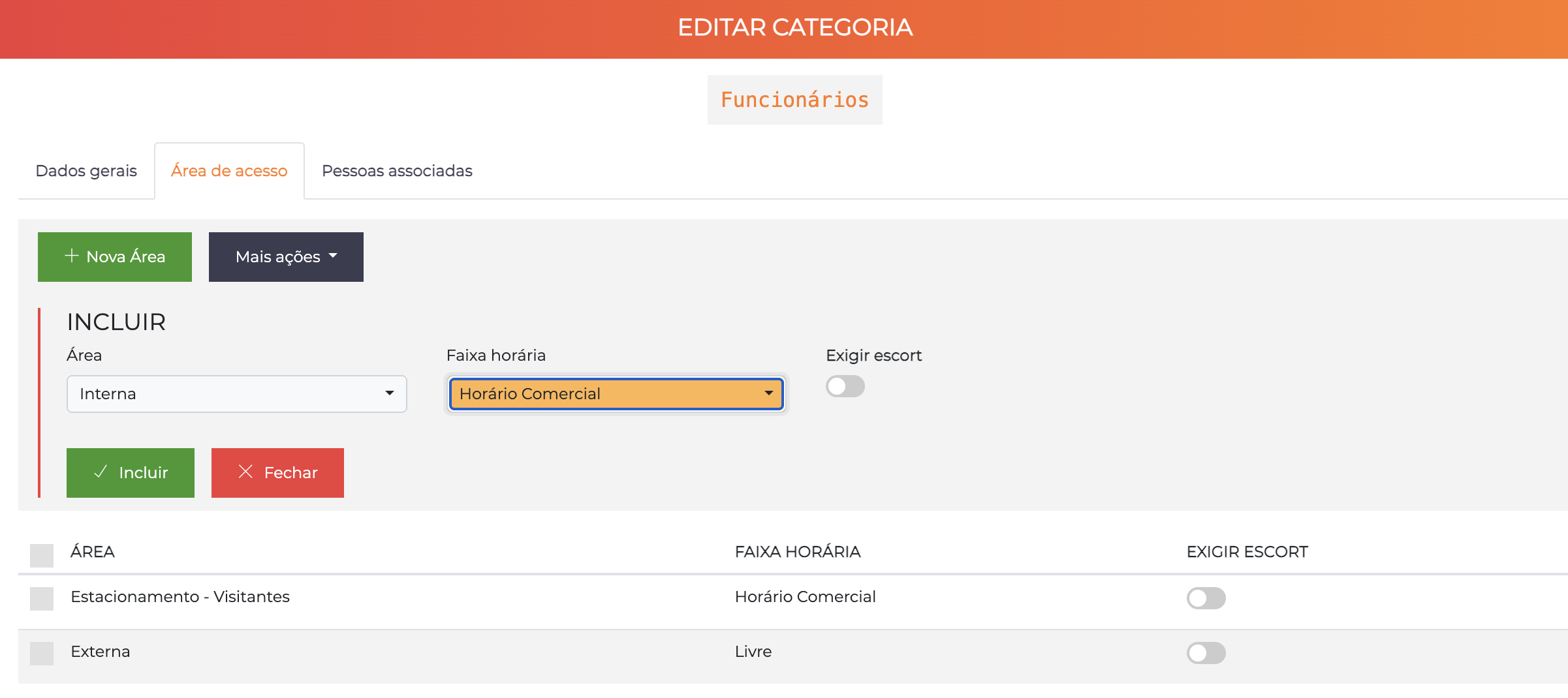 Tela de editar categoria - áreas de acesso