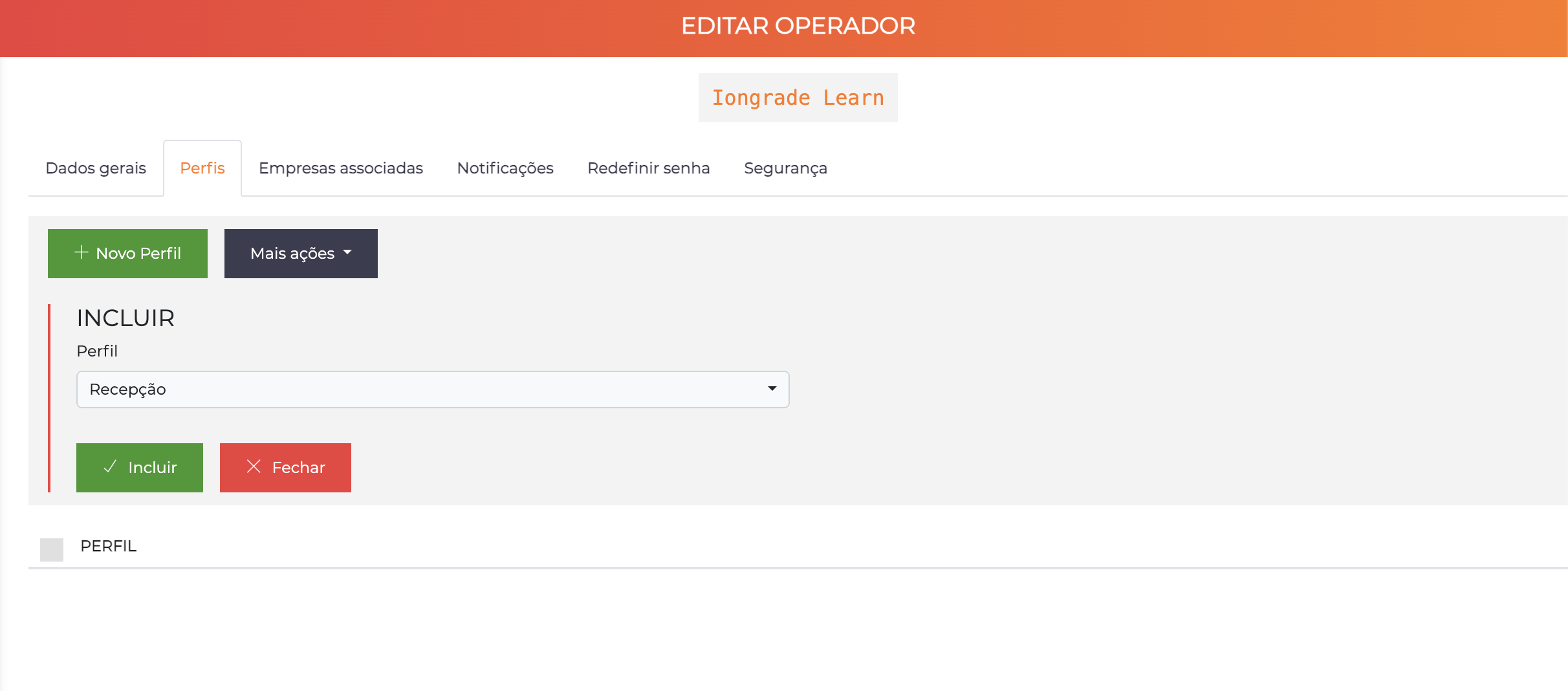 Associar perfil ao operador