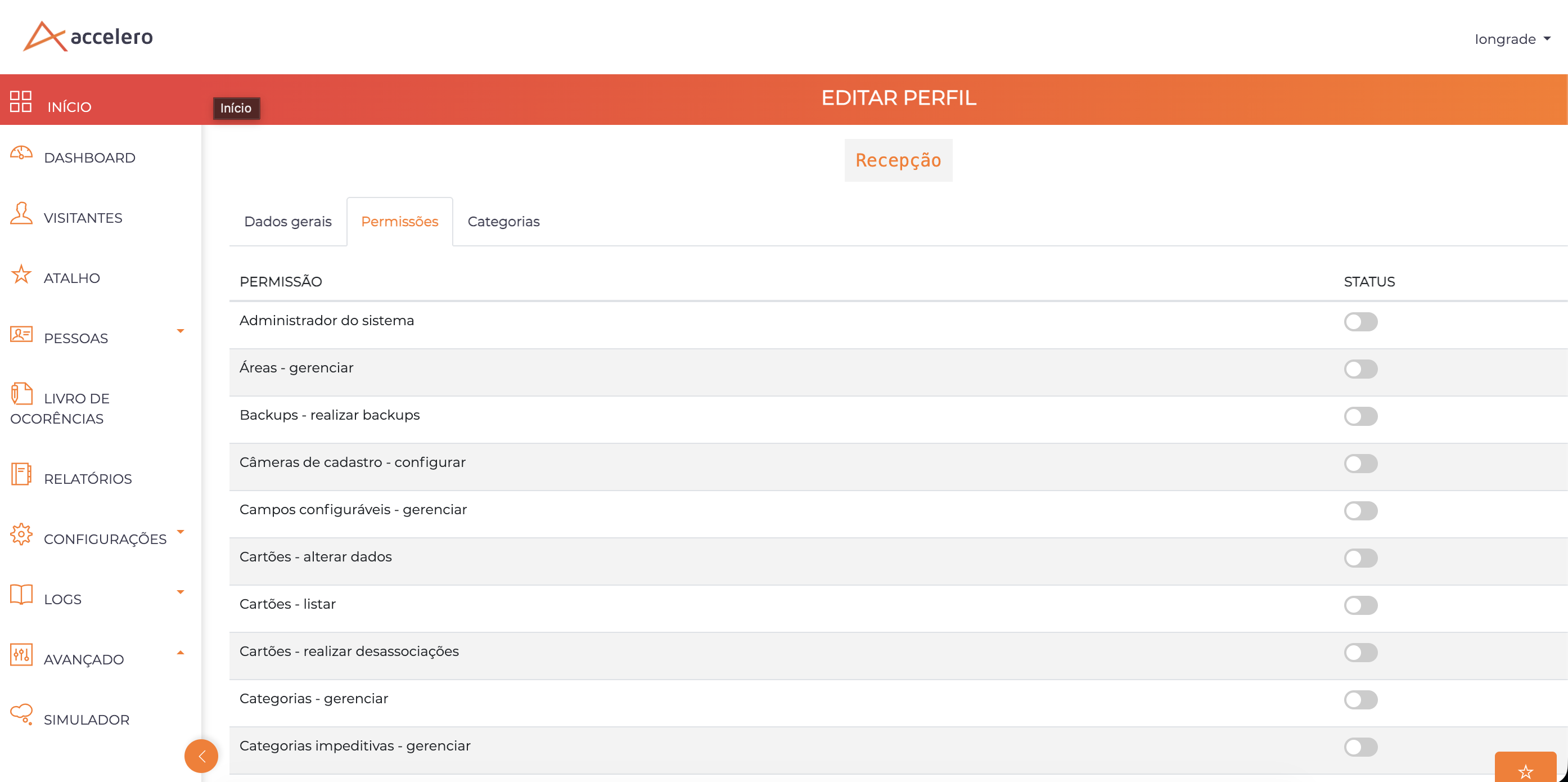 Editar permissões do perfil